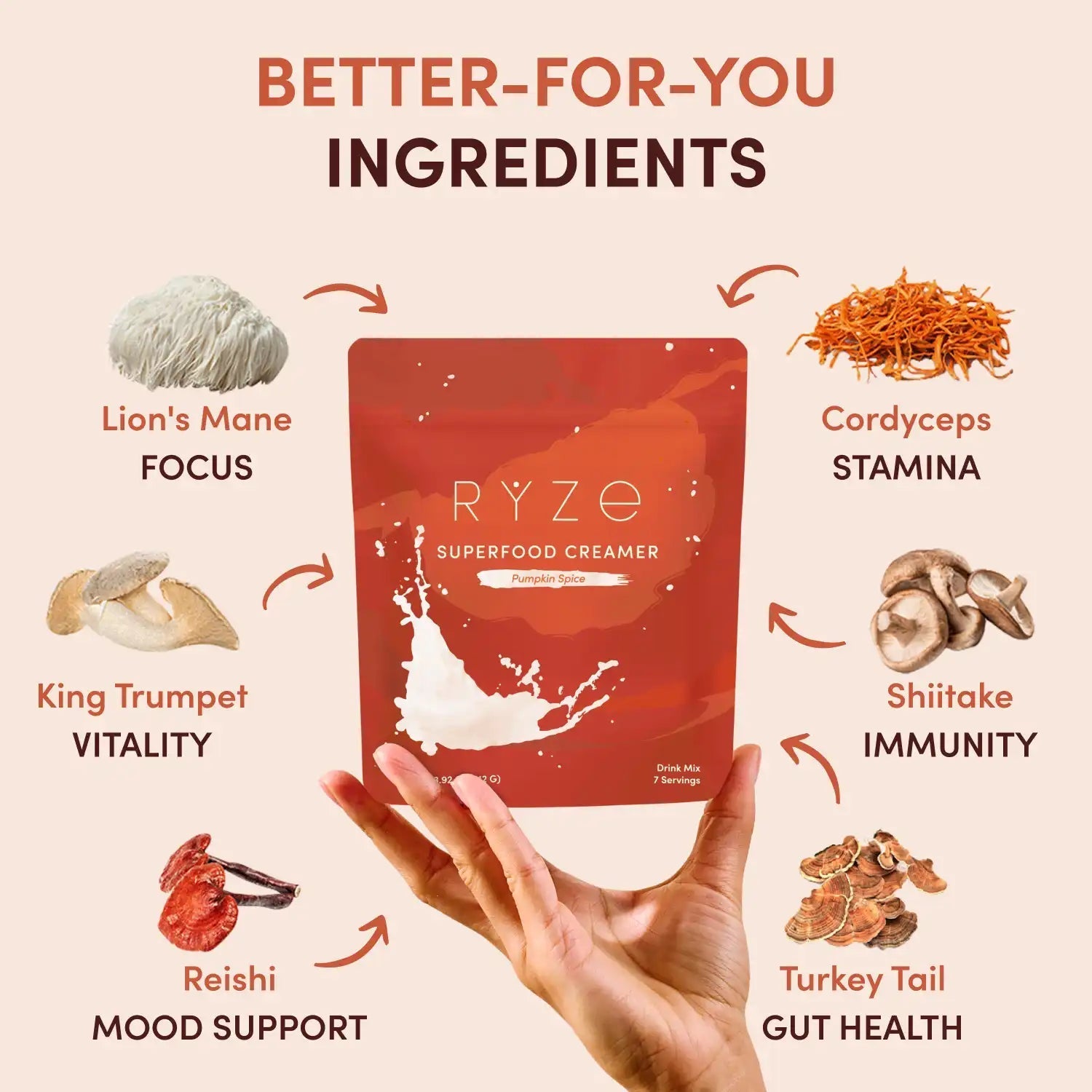 RYZE superfood creamer with mushroom ingredients and health benefits diagram