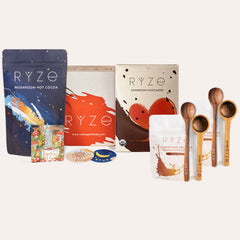 RYZE Chocolate Indulgence Bundle - Starter Pack: Mushroom Hot Cocoa bag, RYZE recipe box, Mushroom Chocolates box, coaster, acacia scoop...
