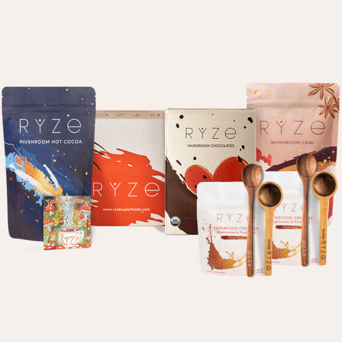 RYZE Ultimate Indulgence Bundle - Warm Ritual Bundle: Mushroom Multi Gummies, Hot Cocoa bag, recipe box, Mushroom Chocolates box, Mushroom...