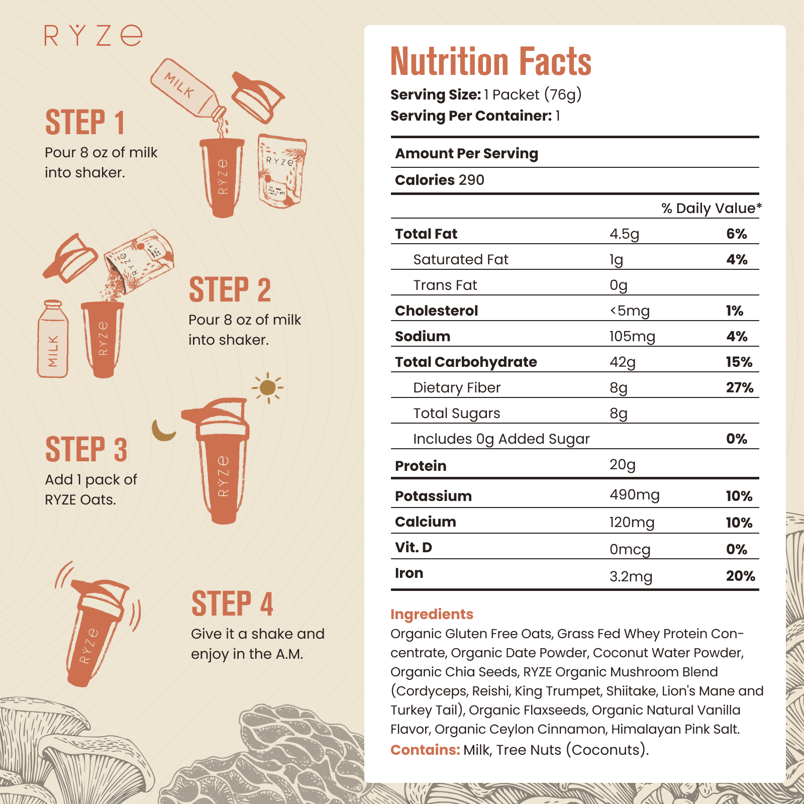 RYZE Mushroom Overnight Oats Pack (14 Servings) - Simple Routine